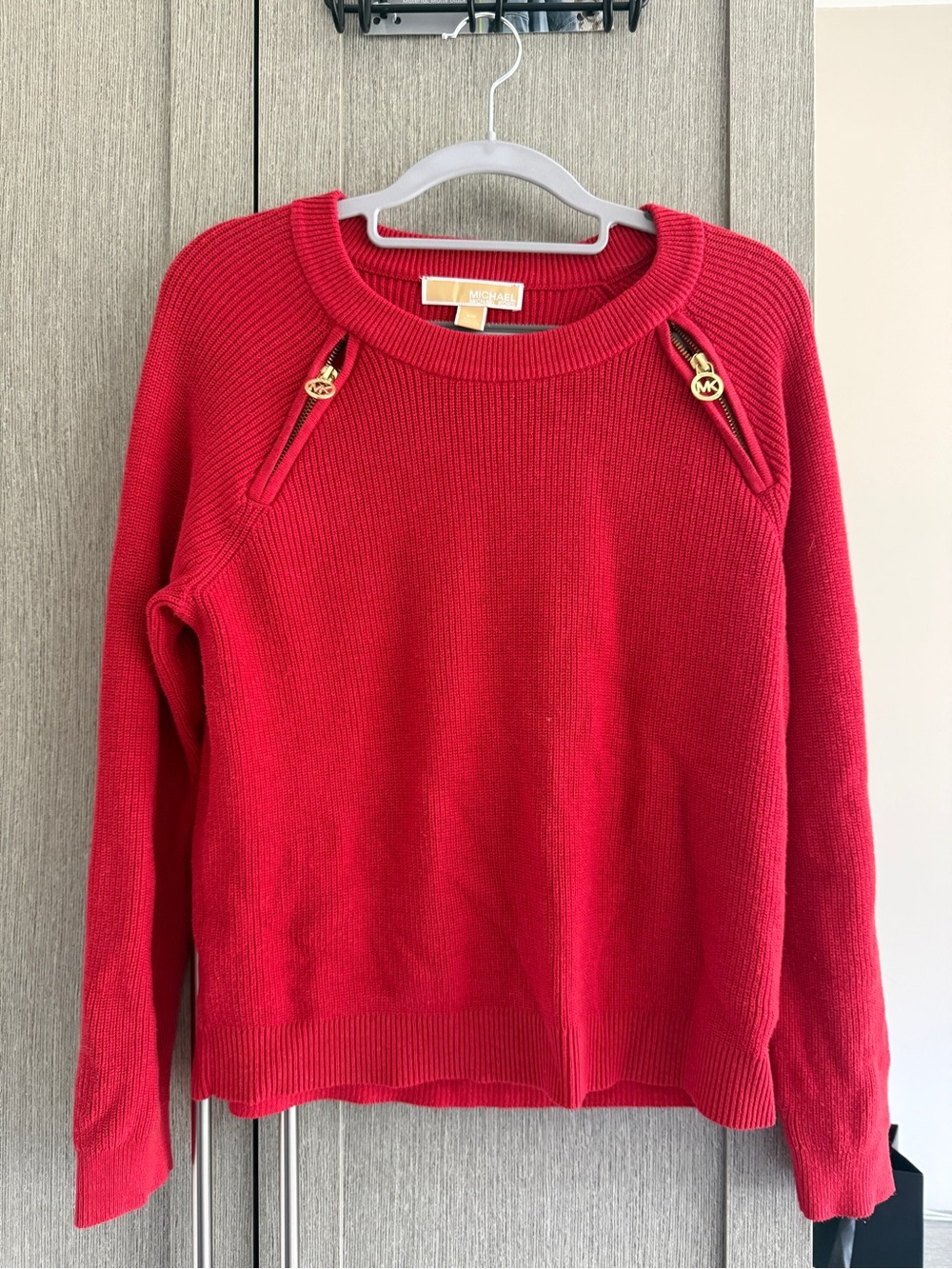 Michael Kors Vibrant Red Crewneck Sweater with Gold Zip Accents